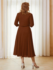 Robe de A-ligne en Mousseline et Dentelle à Col Illusion Longueur de Mollet Terracotta