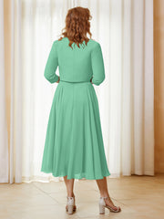 Robe de A-ligne en Mousseline et Dentelle à Col Illusion Longueur de Mollet Turquoise