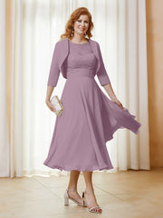 Robe de A-ligne en Mousseline et Dentelle à Col Illusion Longueur de Mollet Vintage Mauve Grande Taille
