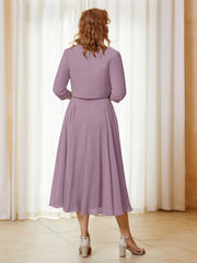 Robe de A-ligne en Mousseline et Dentelle à Col Illusion Longueur de Mollet Vintage Mauve Grande Taille