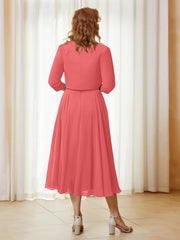 Robe de A-ligne en Mousseline et Dentelle à Col Illusion Longueur de Mollet Pastèque