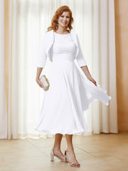 Robe de A-ligne en Mousseline et Dentelle à Col Illusion Longueur de Mollet Blanc