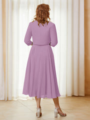 Robe de A-ligne en Mousseline et Dentelle à Col Illusion Longueur de Mollet Glycine