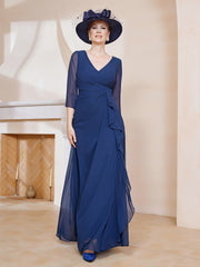 Robe de A-ligne Plissée en Mousseline Longueur au Sol Bleu Marine