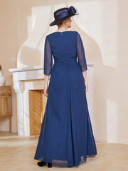 Robe de A-ligne Plissée en Mousseline Longueur au Sol Bleu Marine
