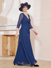Robe de A-ligne Plissée en Mousseline Longueur au Sol Bleu Marine