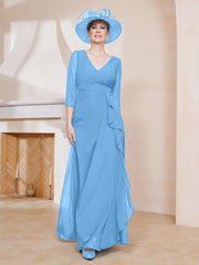 Robe de A-ligne Plissée en Mousseline Longueur au Sol Bleu