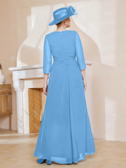 Robe de A-ligne Plissée en Mousseline Longueur au Sol Bleu