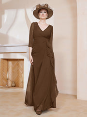 Robe de A-ligne Plissée en Mousseline Longueur au Sol Brun Grande Taille