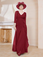Robe de A-ligne Plissée en Mousseline Longueur au Sol Bordeaux Grande Taille