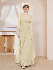 Robe de A-ligne Plissée en Mousseline Longueur au Sol Champagne Grande Taille