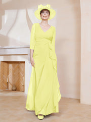 Robe de A-ligne Plissée en Mousseline Longueur au Sol Jonquille