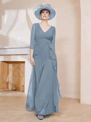Robe de A-ligne Plissée en Mousseline Longueur au Sol Bleu Poudré