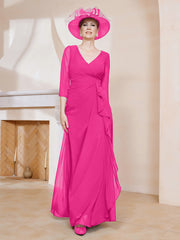 Robe de A-ligne Plissée en Mousseline Longueur au Sol Fuchsia