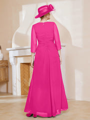 Robe de A-ligne Plissée en Mousseline Longueur au Sol Fuchsia