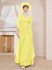 Robe de A-ligne Plissée en Mousseline Longueur au Sol Citron