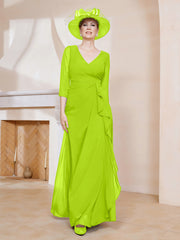 Robe de A-ligne Plissée en Mousseline Longueur au Sol Vert Citron Grande Taille