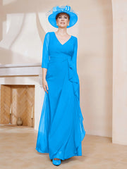 Robe de A-ligne Plissée en Mousseline Longueur au Sol Bleu Océan