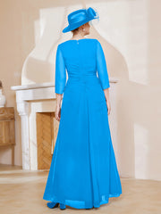Robe de A-ligne Plissée en Mousseline Longueur au Sol Bleu Océan Grande Taille