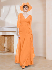 Robe de A-ligne Plissée en Mousseline Longueur au Sol Orange Grande Taille
