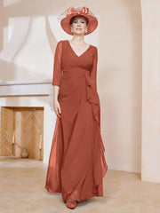 Robe de A-ligne Plissée en Mousseline Longueur au Sol Rouille