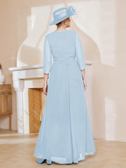 Robe de A-ligne Plissée en Mousseline Longueur au Sol Bleu Ciel