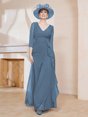 Robe de A-ligne Plissée en Mousseline Longueur au Sol Bleu de Schiste