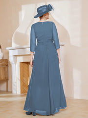 Robe de A-ligne Plissée en Mousseline Longueur au Sol Bleu de Schiste