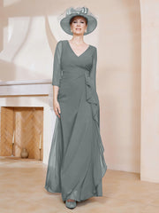 Robe de A-ligne Plissée en Mousseline Longueur au Sol Gris Acier