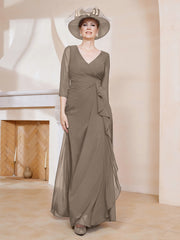Robe de A-ligne Plissée en Mousseline Longueur au Sol Taupe