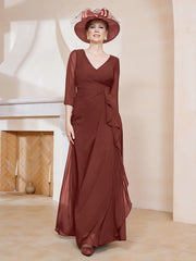 Robe de A-ligne Plissée en Mousseline Longueur au Sol Terracotta