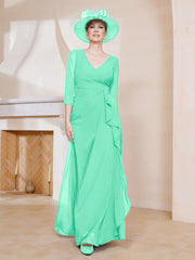 Robe de A-ligne Plissée en Mousseline Longueur au Sol Turquoise Grande Taille