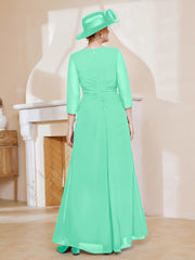 Robe de A-ligne Plissée en Mousseline Longueur au Sol Turquoise