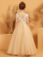 Robe de Fille de Fée à Col en Illusion avec Pétales en Dentelle