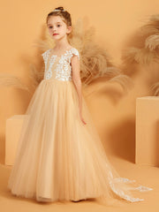 Robe de Fille de Fée à Col en Illusion avec Pétales en Dentelle