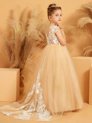 Robe de Fille de Fée à Col en Illusion avec Pétales en Dentelle