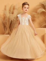 Robe de Fille de Fée à Col en Illusion avec Pétales en Dentelle