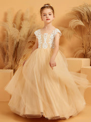 Robe de Fille de Fée à Col en Illusion avec Pétales en Dentelle