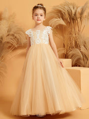 Robe de Fille de Fée à Col en Illusion avec Pétales en Dentelle