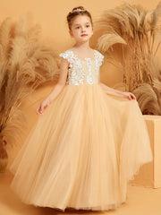 Robe de Fille de Fée à Col en Illusion avec Pétales en Dentelle