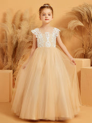 Robe de Fille de Fée à Col en Illusion avec Pétales en Dentelle
