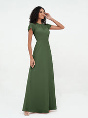 Robes en Mousseline avec Décolleté Illusion et Mancherons Olive Verte Grande Taille