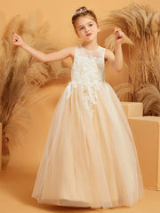 Robe de Fille Ball Gown en Tulle et Dentelle avec Décolleté Illusion