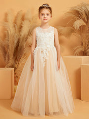 Robe de Fille Ball Gown en Tulle et Dentelle avec Décolleté Illusion