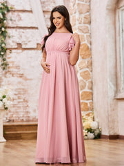 Maxi Robe Empire en Mousseline à Manches Flottantes Longueur au Sol Rose Poudré