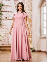 Maxi Robe Empire en Mousseline à Manches Flottantes Longueur au Sol Rose Poudré