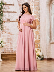 Maxi Robe Empire en Mousseline à Manches Flottantes Longueur au Sol Rose Poudré