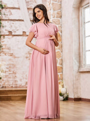 Maxi Robe Empire en Mousseline à Manches Flottantes Longueur au Sol Rose Poudré