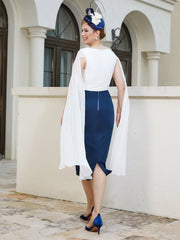 Robe Appliquée Longueur de Mollet à Col en V Bleu Marine Grande Taille