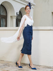 Robe Appliquée Longueur de Mollet à Col en V Bleu Marine Grande Taille
